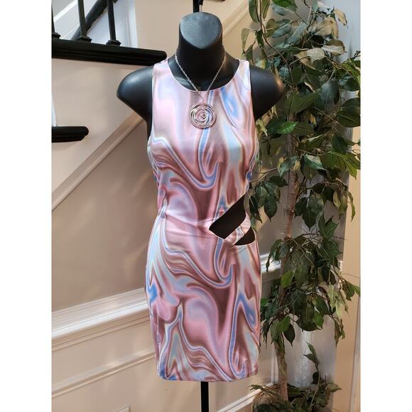 Tic Toc Dress Women Large Pink Multicolor Swirl Cutout Bodycon Sleeveless - Picture 2 of 12